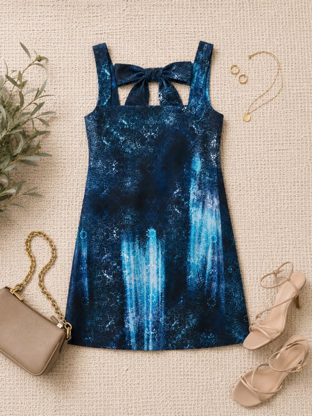 DKNY Indigo Blue Square Neck Illusion Print Sleeveless Mini Dress Size 10 NWT